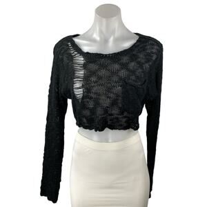 Kill City Womens Black Distressed Open Knit Long Sleeve Crop Sweater Top Size S